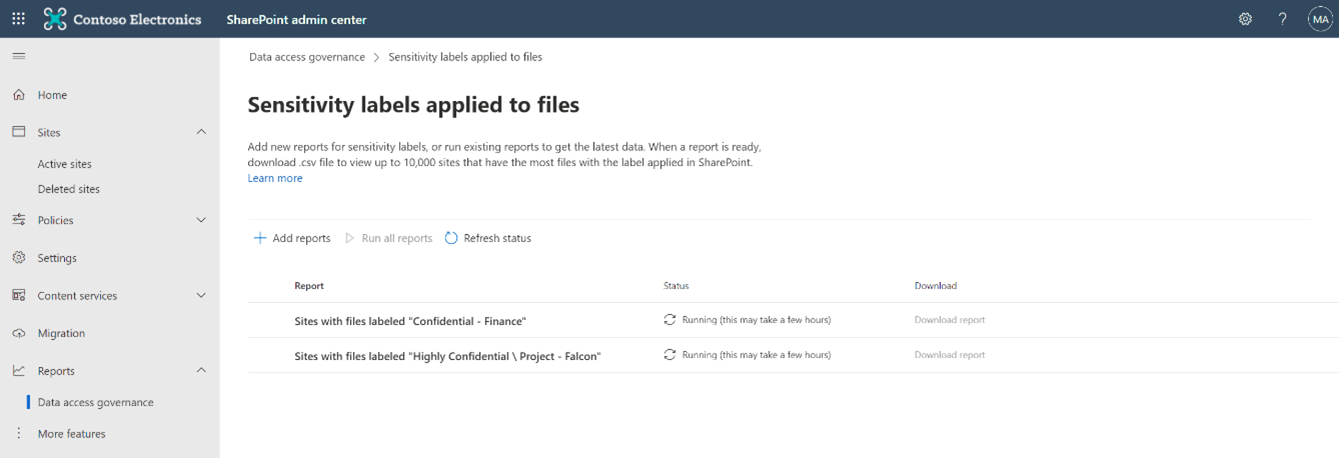 Screenshot showing reports for sites with files labeled Confidential and Highly confidential