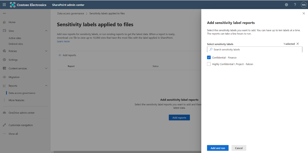 Screenshot of the Add sensitivity label reports panel