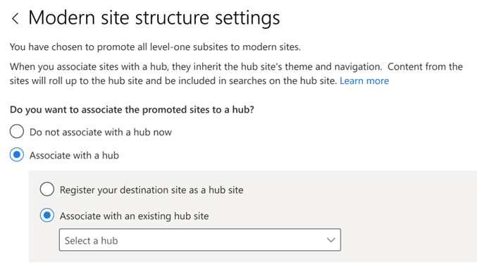 Enter the name of an existing hub to associate your sites with.