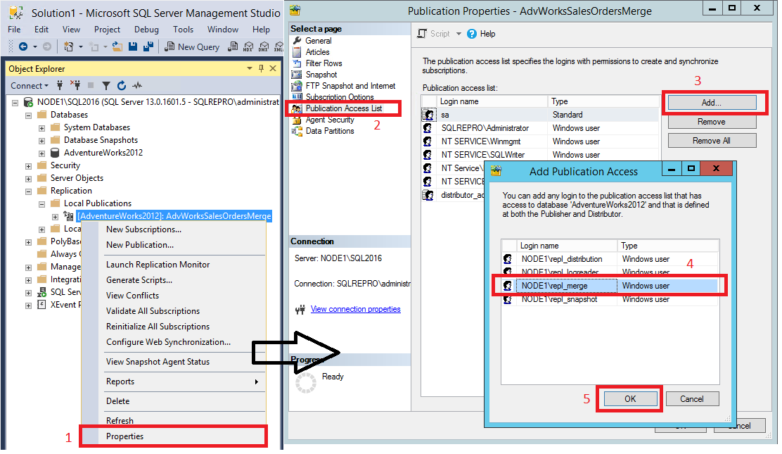 Selections for adding the Merge Agent login