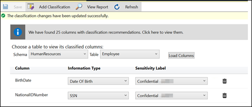 screenshot of SSMS data classification loading classified columns.