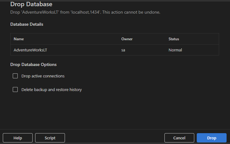 Screenshot of the Drop Database dialog showing database details and drop options.