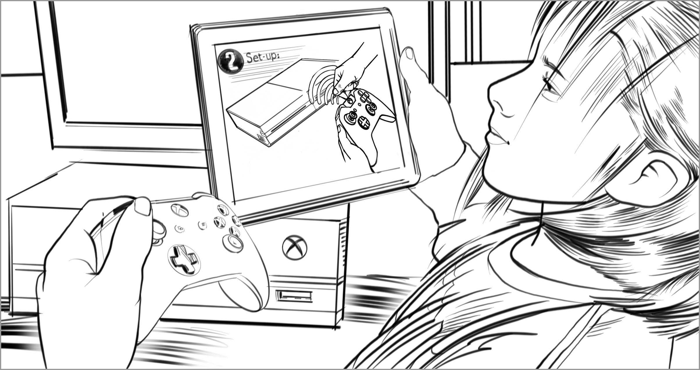 The woman smiles as she looks at a simple illustration and holds an Xbox controller the way the illustration shows it should be held.