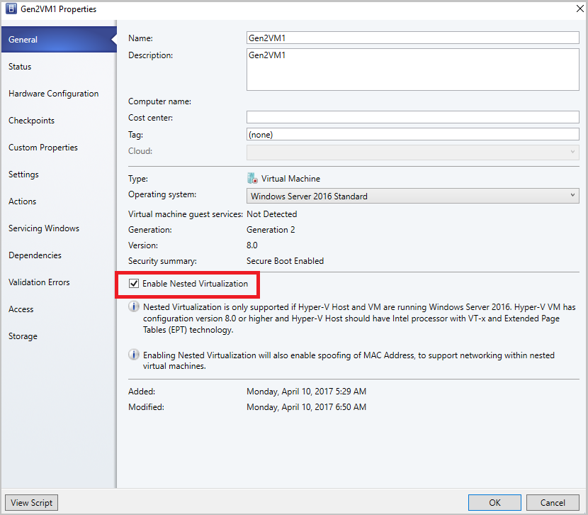 Screenshot of enable nested virtualization.