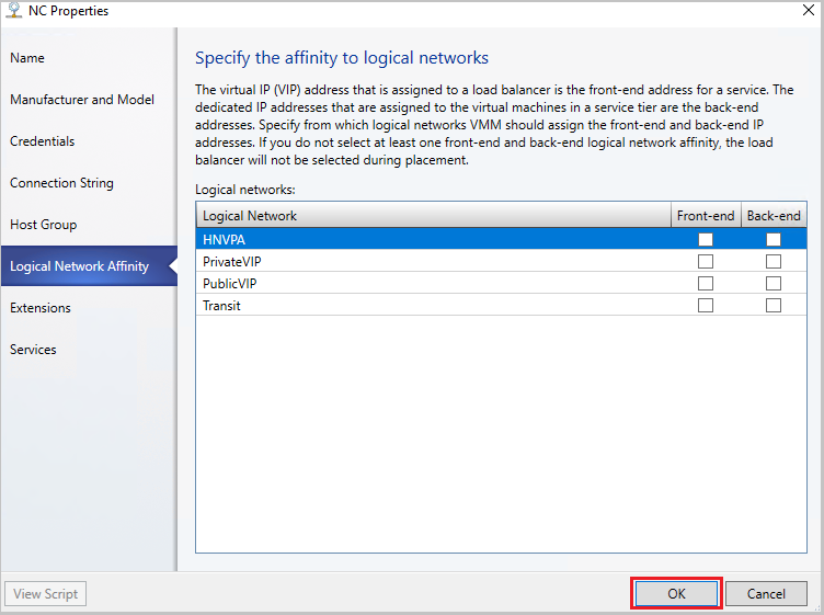 Screenshot of specify affinity to logical networks.