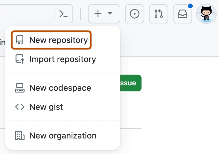A screenshot of the drop-down menu of the plus sign in the top right corner of GitHub.com, with the first option being New repository.
