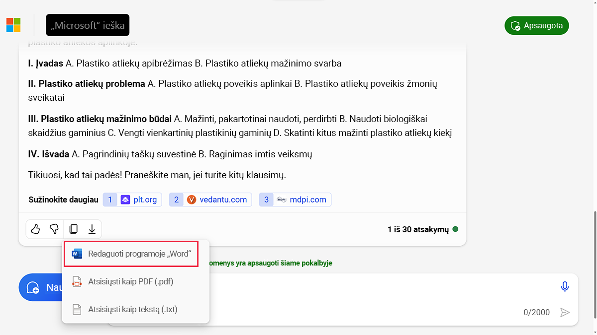 „Microsoft Copilot“ naršyklėje „Edge“ ekrano kopija su sugeneruotu planu ir eksportavimo kaip „Microsoft Word“, PDF arba paprastojo teksto dokumento parinktimis.