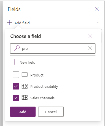 Screenshot of the Choose a field section, with columns selected and the Add button.