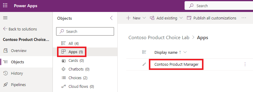 Screenshot of Solutions > Contoso Product Choice Lab section, showing the Contoso Product Manager application highlighted.