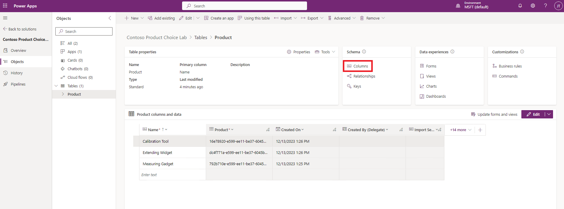 Screenshot of the Product table dashboard with Columns selected from under Schema.