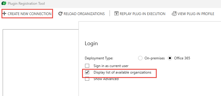 Screenshot showing create new connection and make sure to show the list of available organizations.