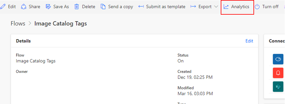 Screenshot of Power Automate with the Analytics button highlighted.