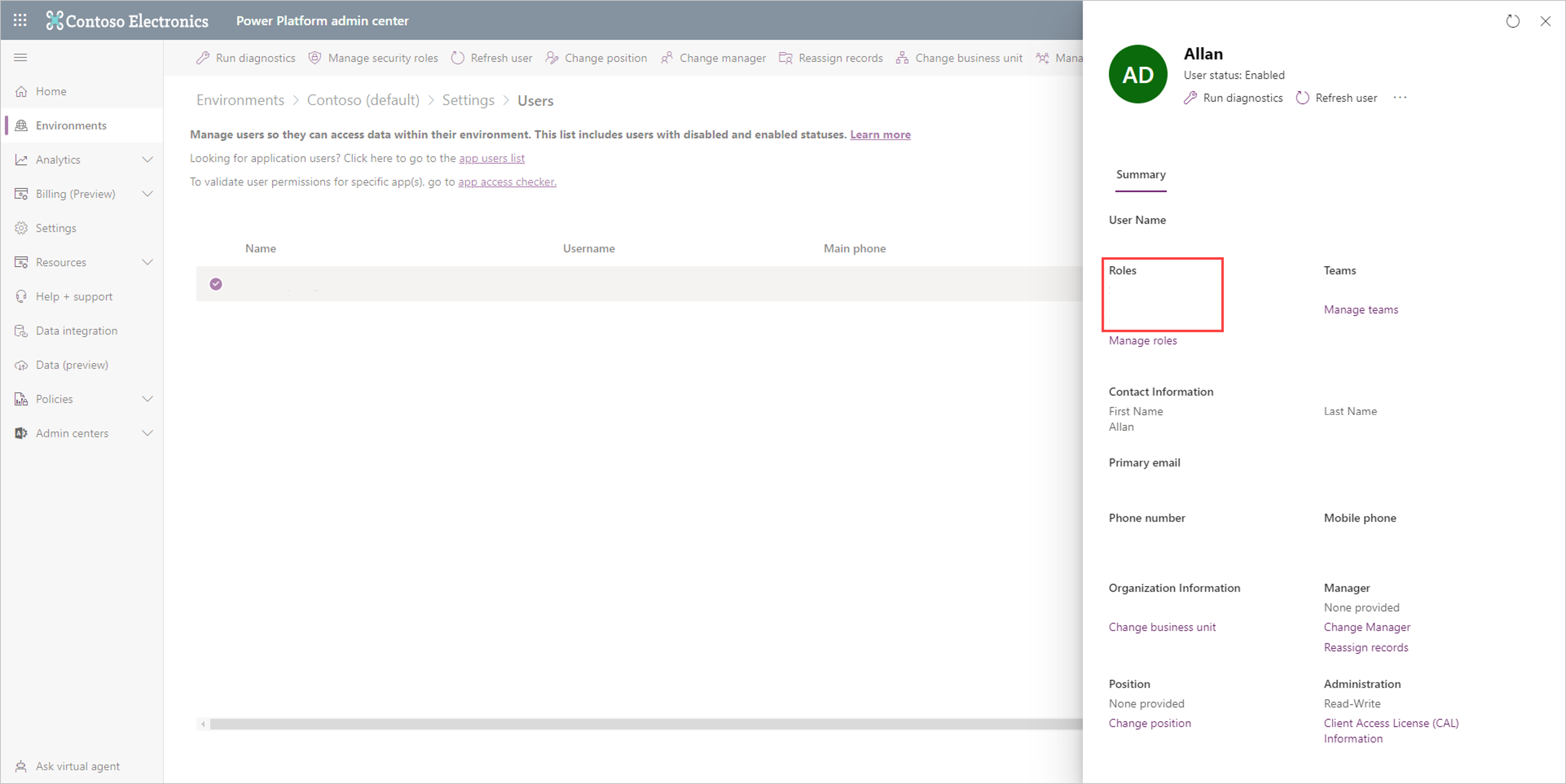 Screenshot of the user popup pane with the Roles highlighted.
