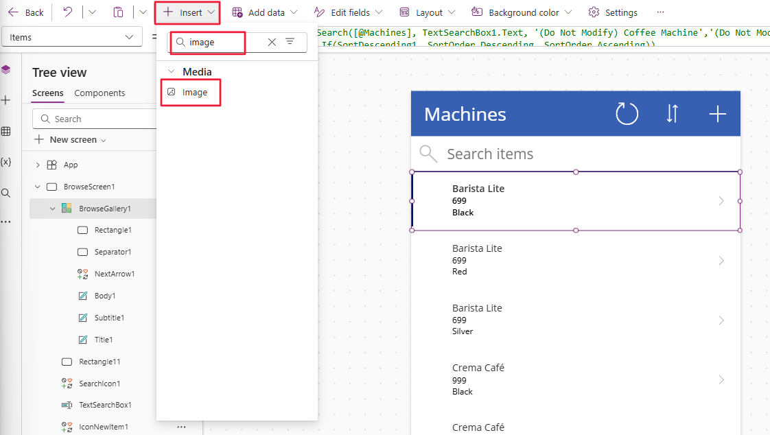 Screenshot of insert selection for image.