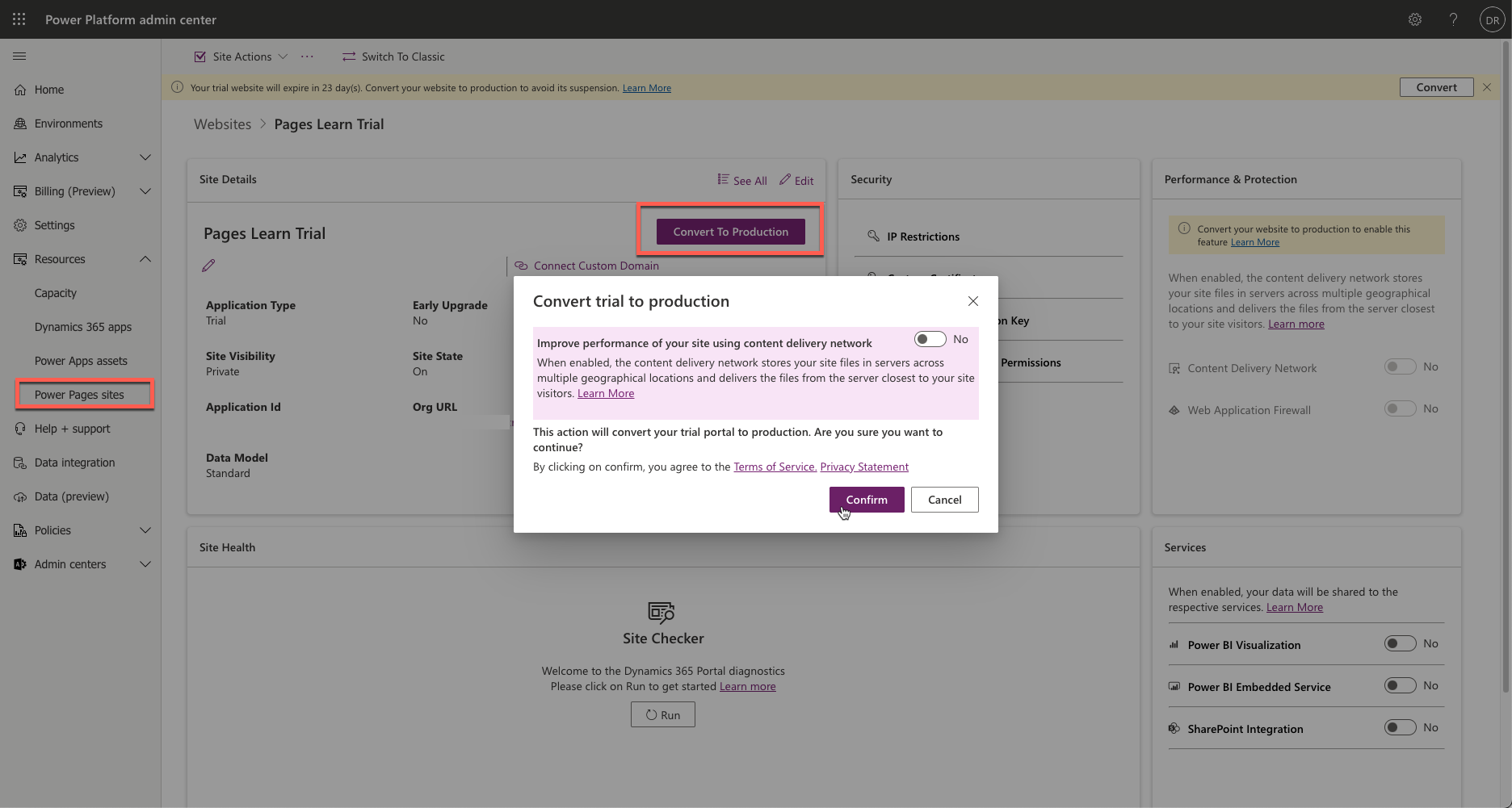 Screenshot of Power Pages admin center with Convert trial to production prompt opened.