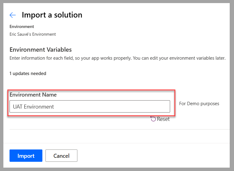 Screenshot of the Import a solution page, showing the Environment Name highlighted.