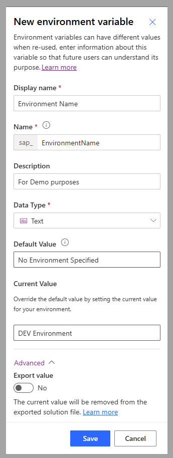 Screenshot of the New environment variable page.