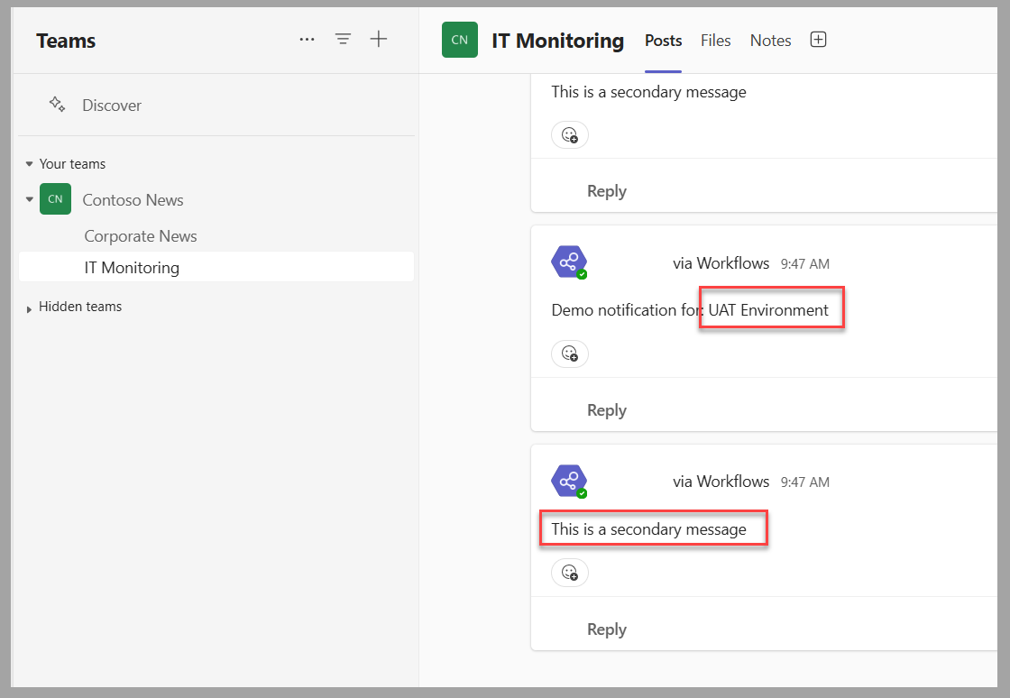 Screenshot of two messages being posted in the Teams channel.