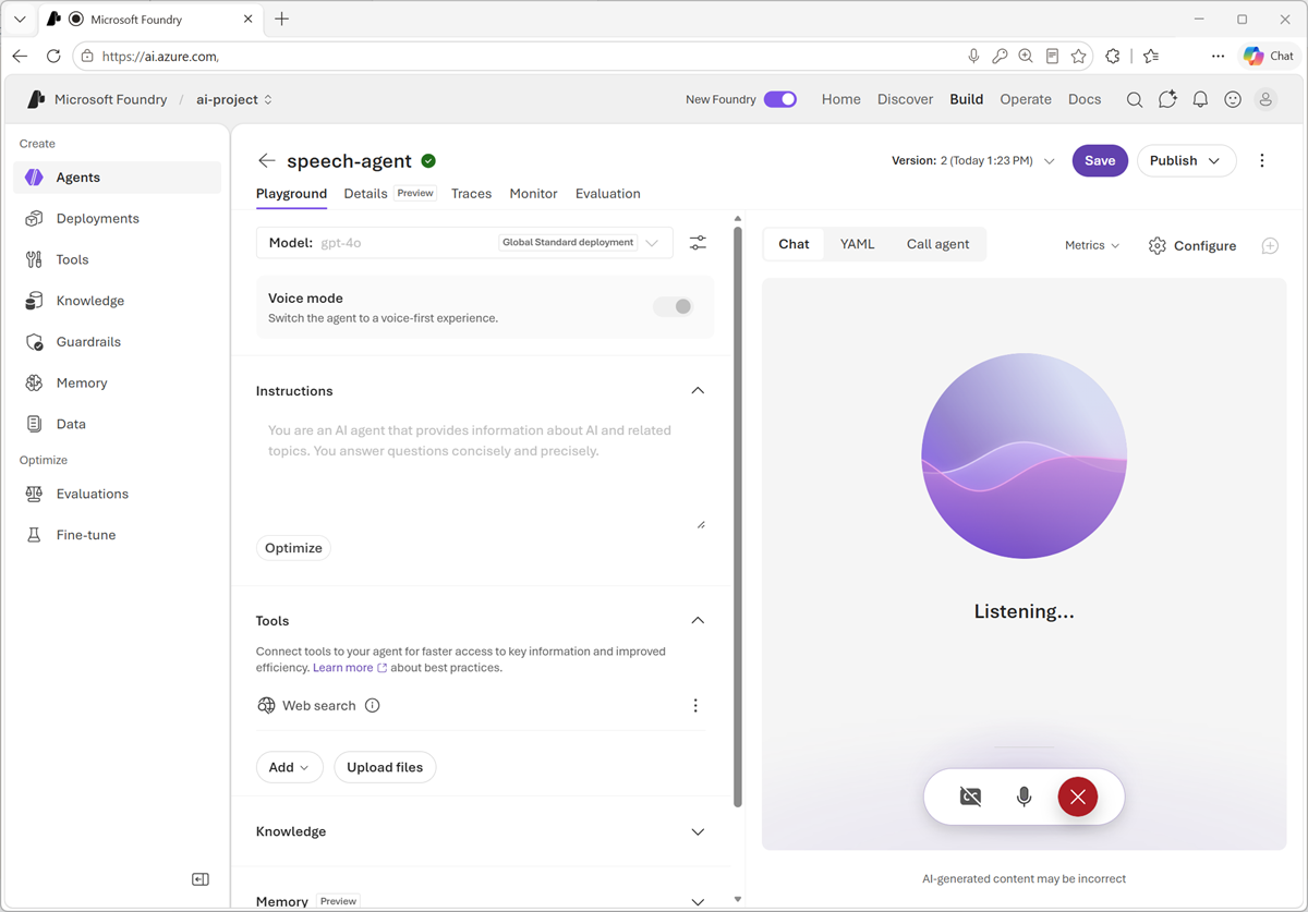 Screenshot of the chat playground used in the lab.