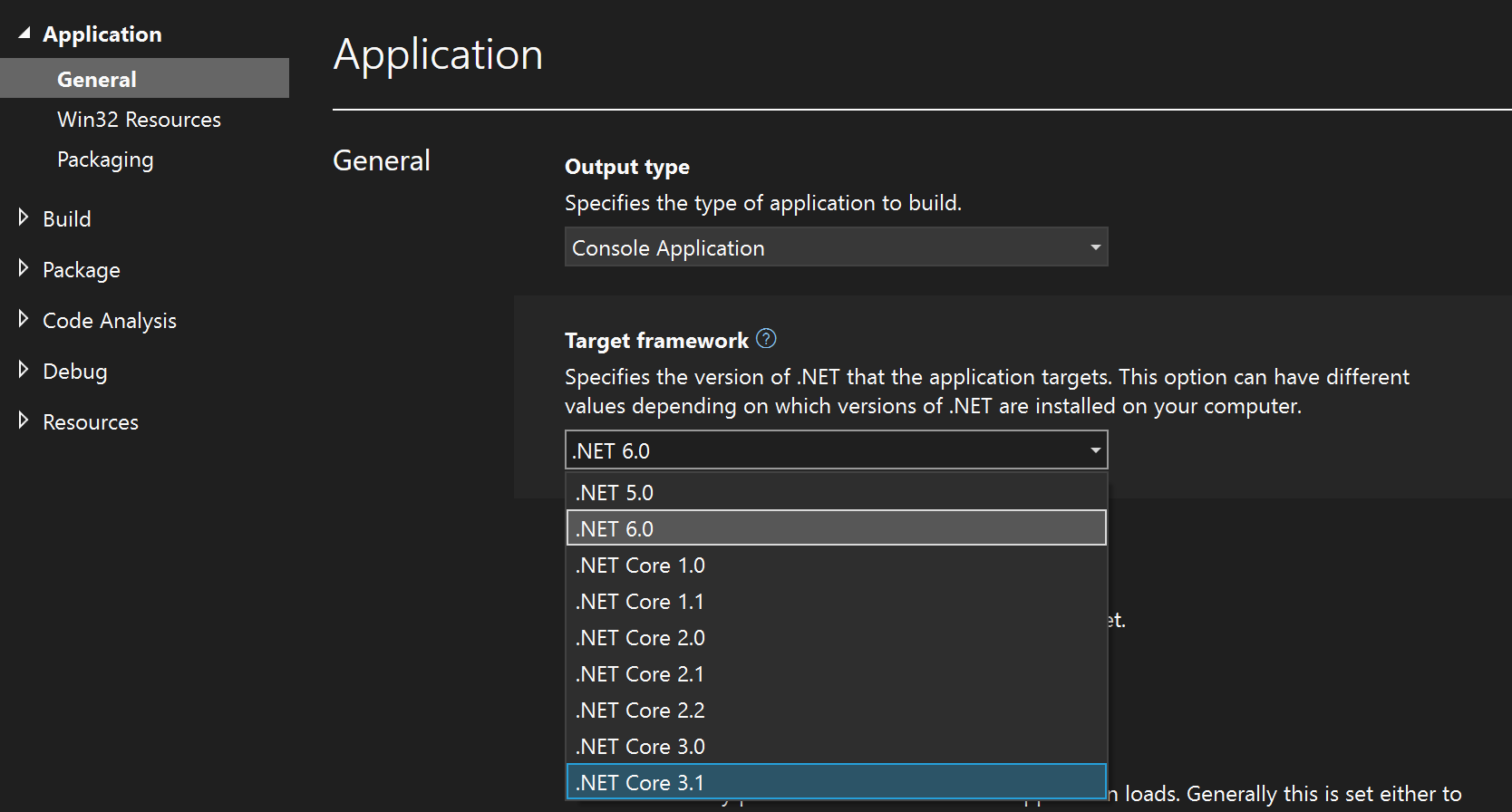 Screenshot that shows changing the target framework in Visual Studio.