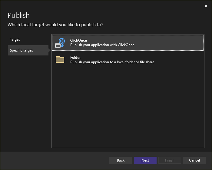 Select ClickOnce as the specific target