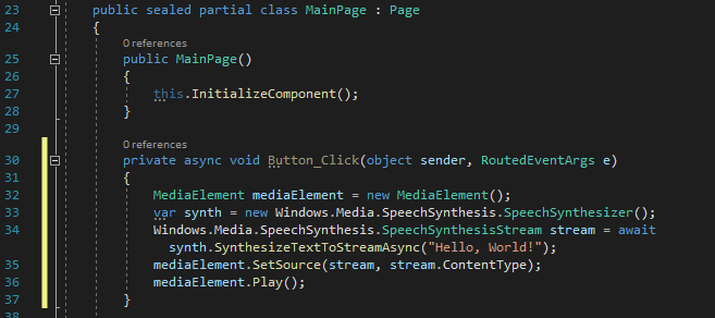 Screenshot showing the C# code for the new async Button_Click event handler.