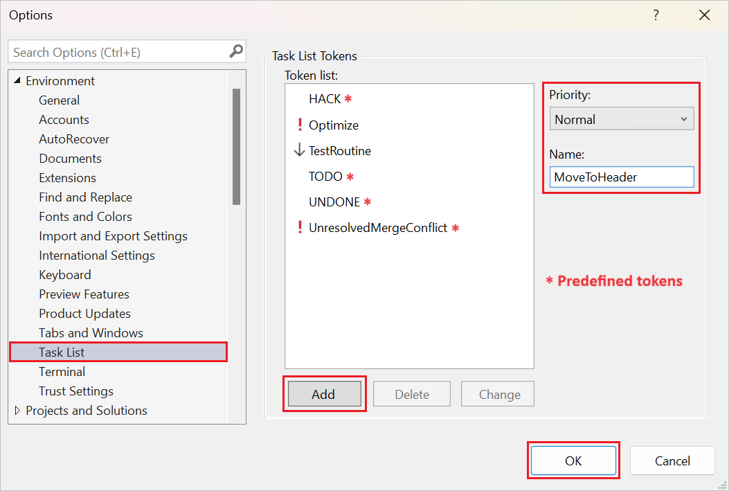 Screenshot that shows how to add tokens for the Task List in Visual Studio, including predefined and custom tokens.