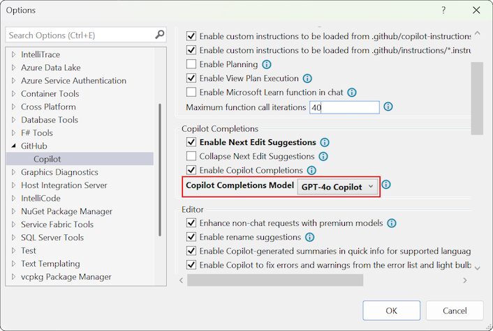 Screenshot that shows the dropdown list for selecting a completions model.