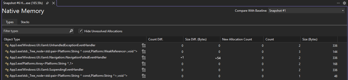 Screenshot of Native Types Diff View.