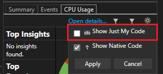 Screenshot that shows Settings, then Show Just My Code.