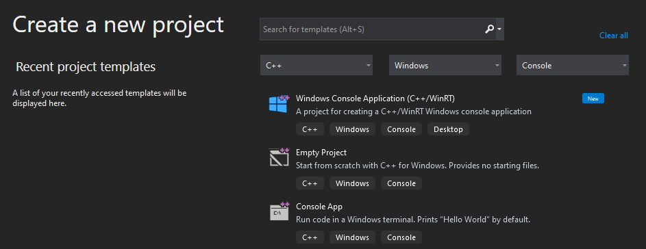 Native C++ console project templates