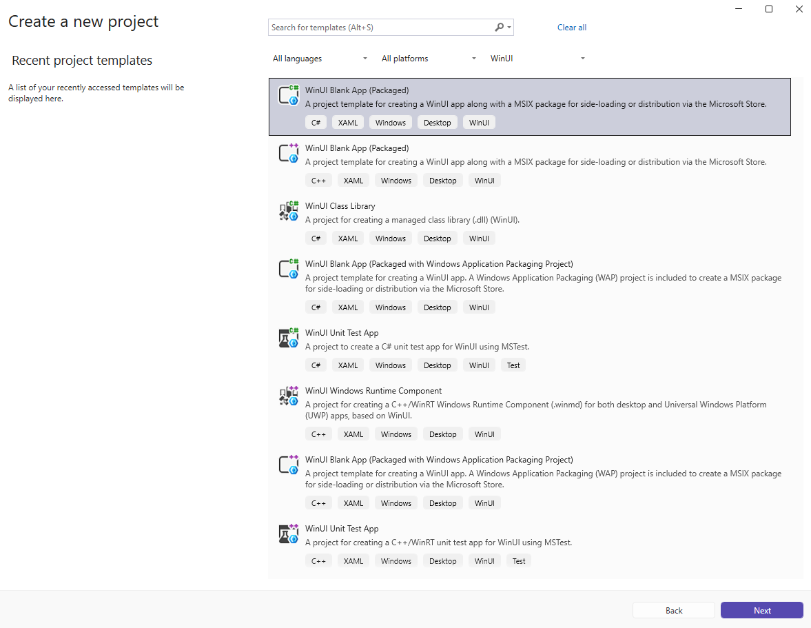 WinUI project templates