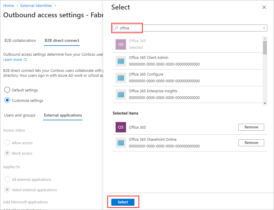 Screenshot showing adding external applications for outbound b2b direct connect