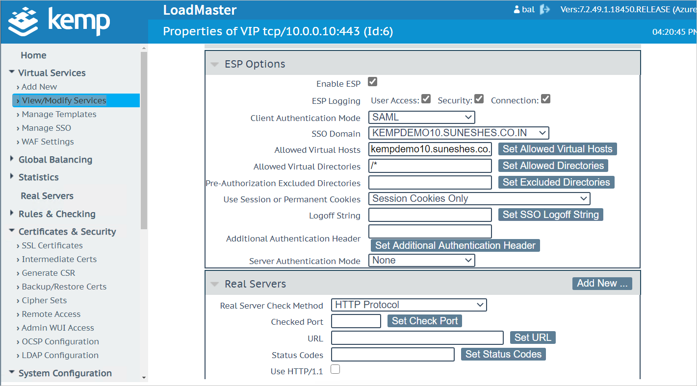 Screenshot that shows the "View/Modify Services" page, with the "ESP Options" and "Real Servers" sections expanded.