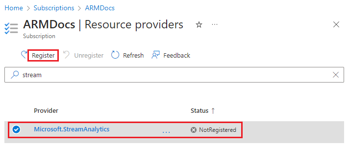 Screenshot of registering a resource provider in the Azure portal.
