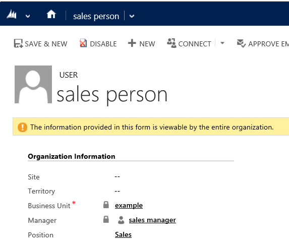 Pārdošanas personas lietotāja ieraksts programmā Dynamics 365 for Customer Engagement.