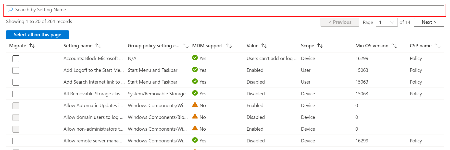 Screenshot that shows how to search for the setting name in the Group Policy Analytics migrate feature in Microsoft Intune.