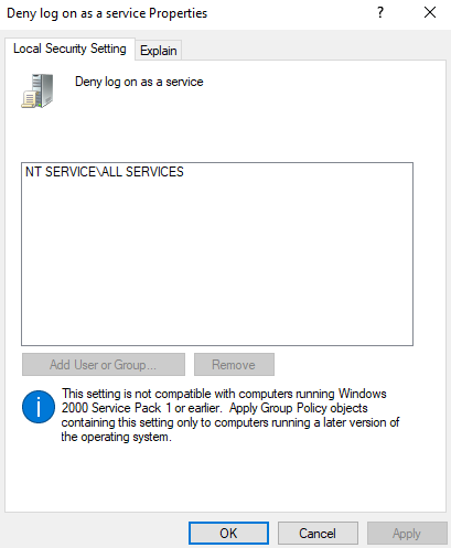 Screenshot indicates that the deny log on as a service policy is set as a group policy on the domain controller.