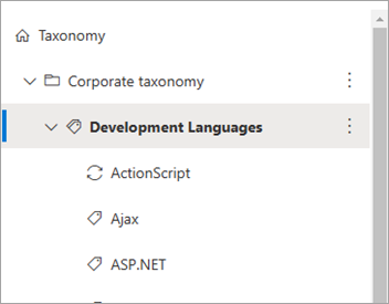 Screenshot showing list of terms on the Term store page in the SharePoint admin center for a multiple terms.