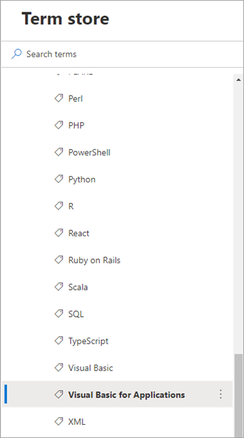 Screenshot showing list of terms on the Term store page in the SharePoint admin center for viewing the status of a single term.