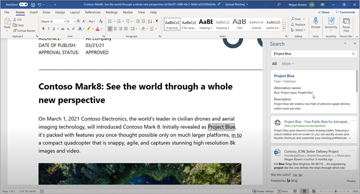 Screenshot showing search in Word through the Search box.