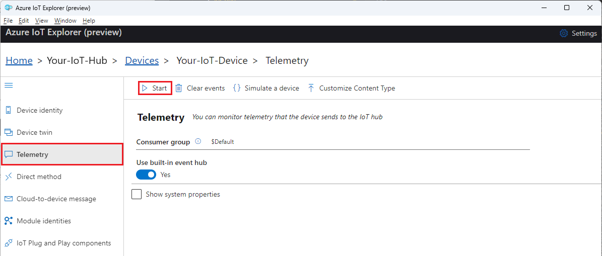Screenshot showing the Telemetry pane for devices in Azure IoT Explorer, highlighting how to start monitoring device telemetry.