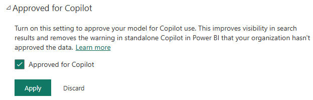 Screenshot of the Approved for Copilot settings in the Power BI service that shows the option to mark a model as Approved for Copilot.