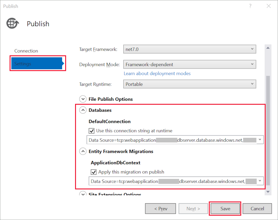 Publish dialog: Settings panel:Save