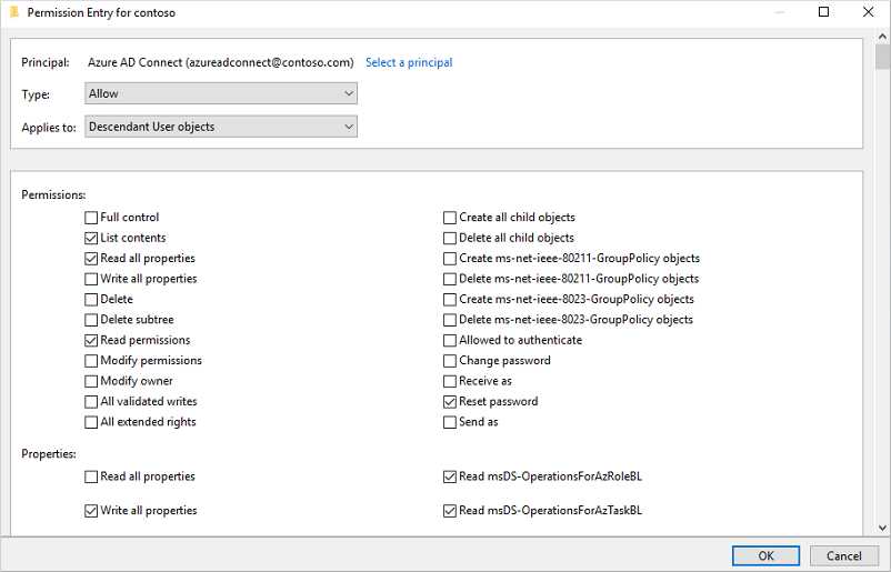 Set the appropriate permissions in Active Users and Computers for the account that is used by Azure AD Connect