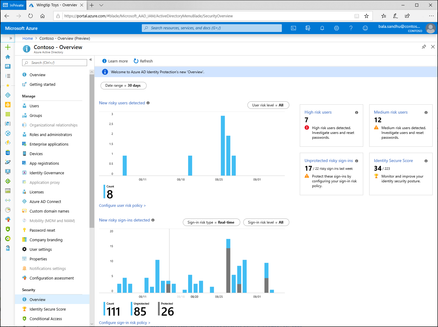 Security overview showing risky users and sign-ins