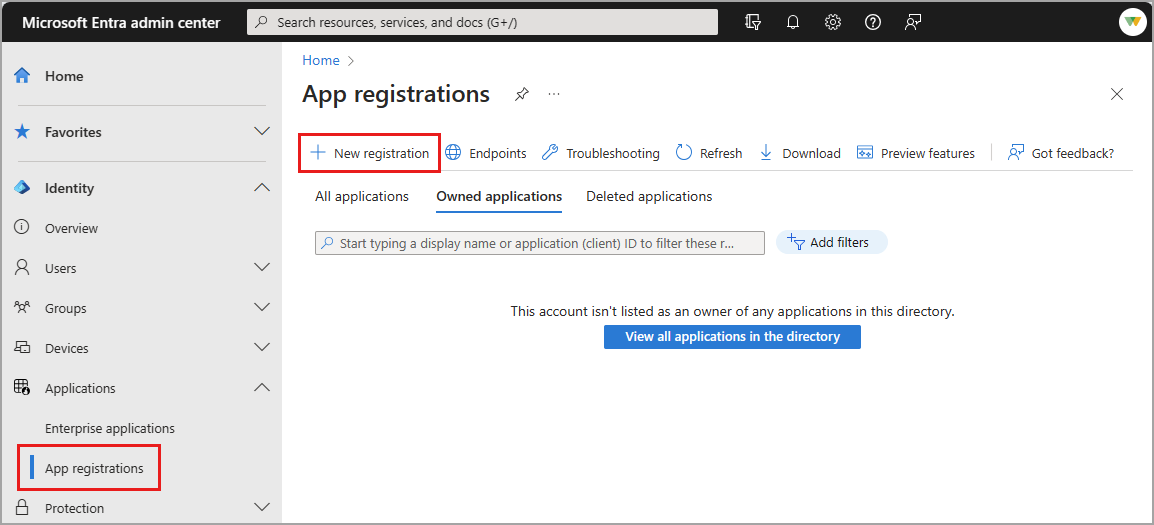 Screenshot of the App registrations page, with the New registration button highlighted.