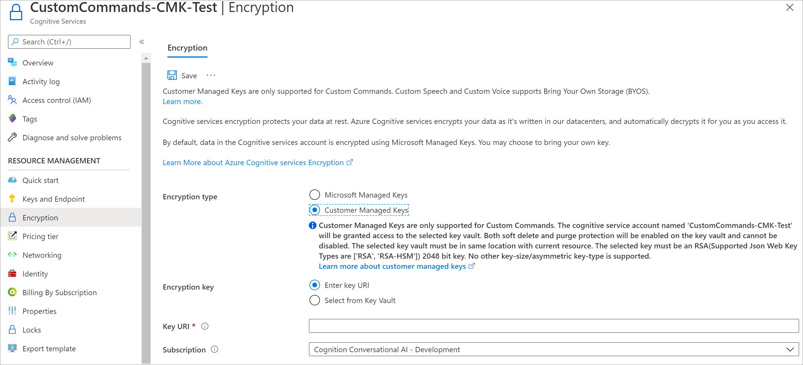 Screenshot showing how to select Customer Managed Keys