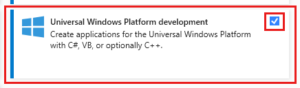 Screenshot that shows the Workloads tab of the Modifying dialog box, with the workload for Universal Windows Platform development highlighted.