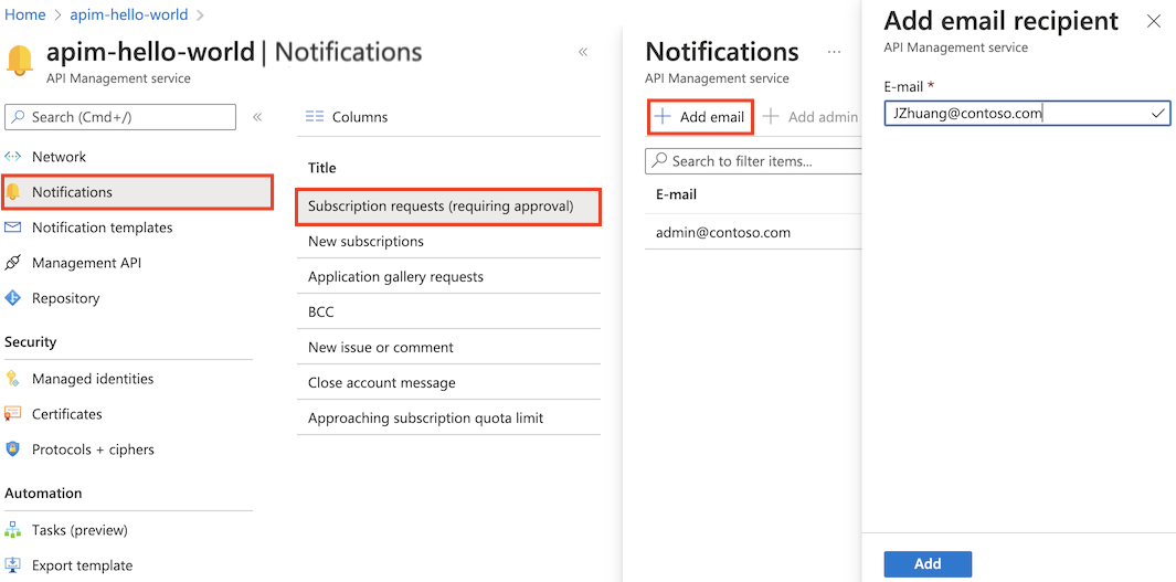 Screenshot showing how to add notification recipients in the portal.